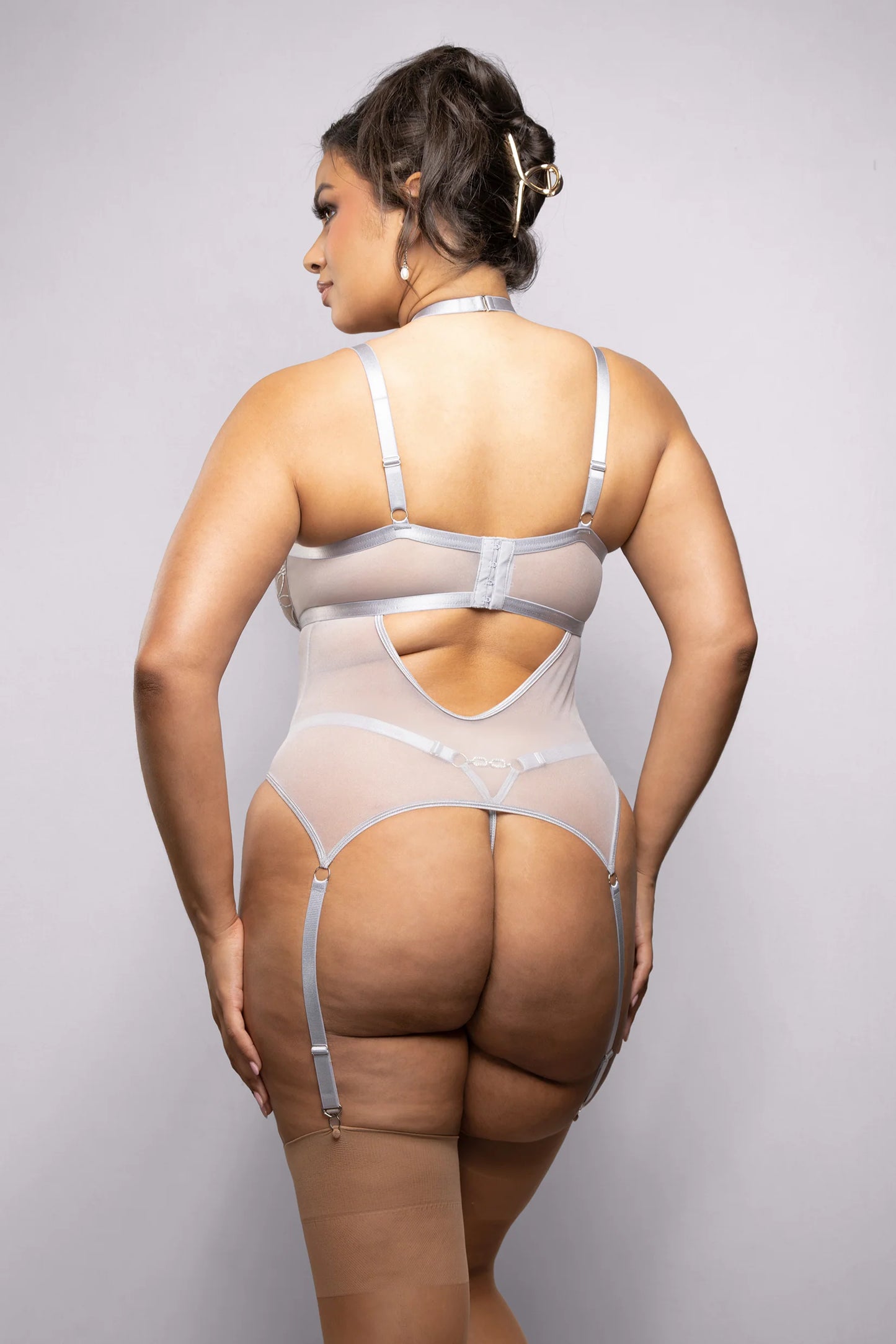 Bustier with Detachable Collar Harness Strap & G-String - Silver
