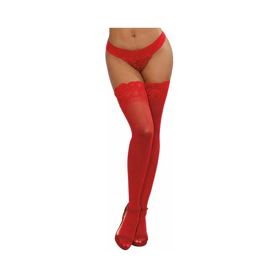 Sheer Thigh-High Stockings with Silicone Lace Top - Red