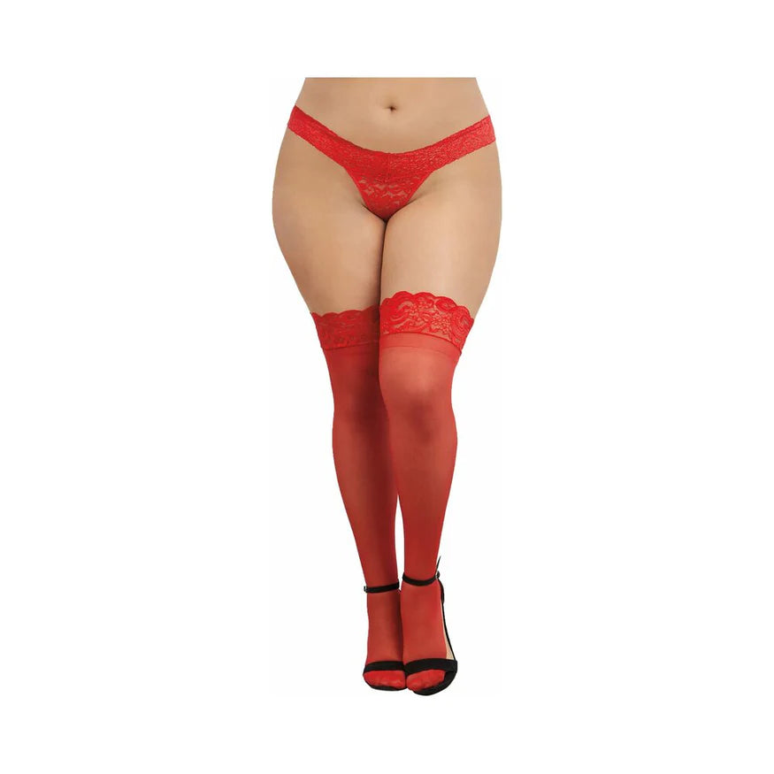 Sheer Thigh-High Stockings with Silicone Lace Top - Red