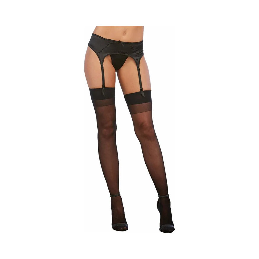 Sheer Thigh-High Stockings With Plain Top and Back Seam - Black - OS