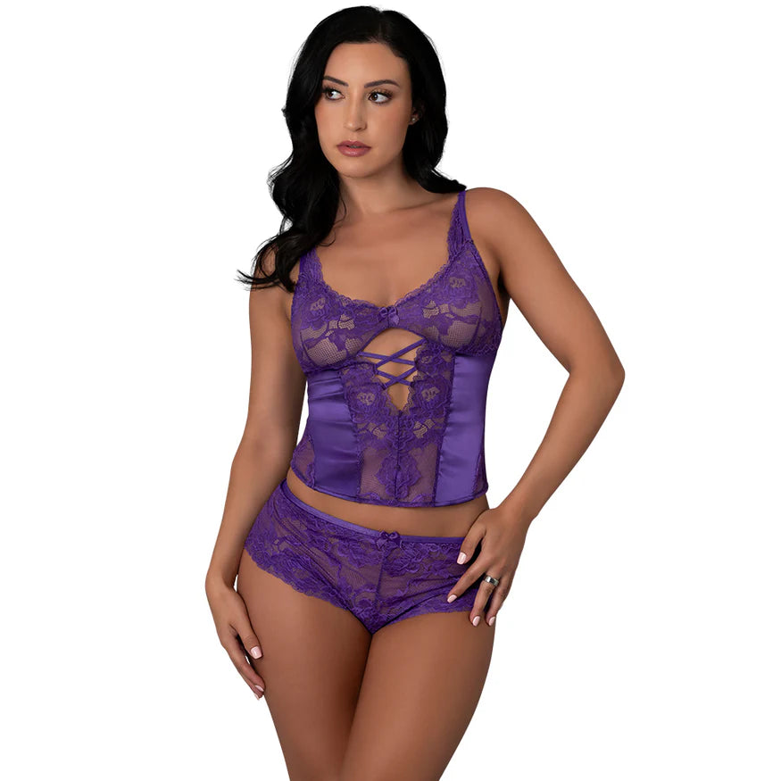 Magic Silk Satin Petals Bustier & Boy Short Set - Purple